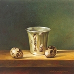 Zilveren bekertje, 20 x 25 cm, olieverf op paneel. Geschonken
