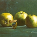 Drie appeltjes, 9 x 13 cm, olieverf op paneel. Geschonken