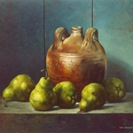 Frans kruikje en peren 40 x 50 cm, olieverf op paneel. Verkocht