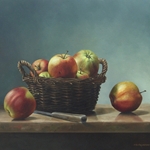 Jonagold appels in een mand, 60 x 80 cm, olieverf op linnen