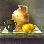 Stilleven met groen berberpotje, 60 x 50 cm, olieverf op paneel. Niet te koop