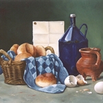 Mandje brood en vedfles, 60 x 80 cm, olieverf op linnen. Niet te koop