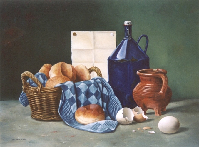 Mandje brood en veldfles, 60 x 80 cm, olieverf op linnen. Niet te koop
