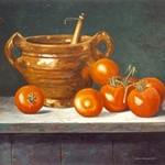 Tostomaten en perenpot, 40 x 50 cm, olieverf op paneel. Niet te koop
