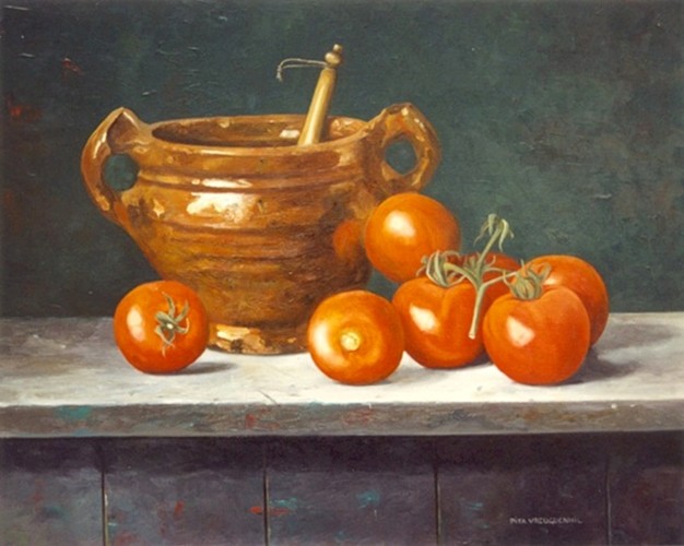 Tostomaten en perenpot, 40 x 50 cm, olieverf op paneel. Niet te koop