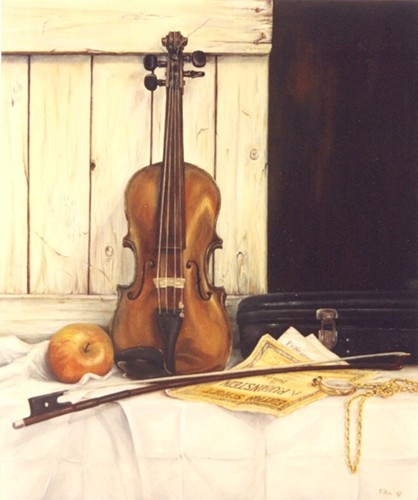 Stilleven met viool, 60 x 50 cm, olieverf op linnen