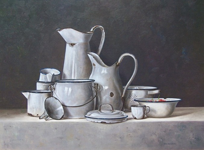 Stilleven met wit emaille, 60 x 80 cm, olieverf op linnen